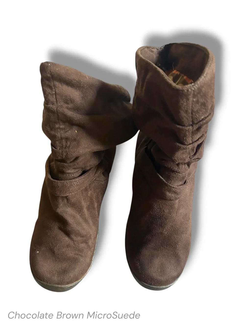 ROXY Chocolate Brown MicroSuede Slouch Ankle Boots Button Strap Logo Accents 6.5